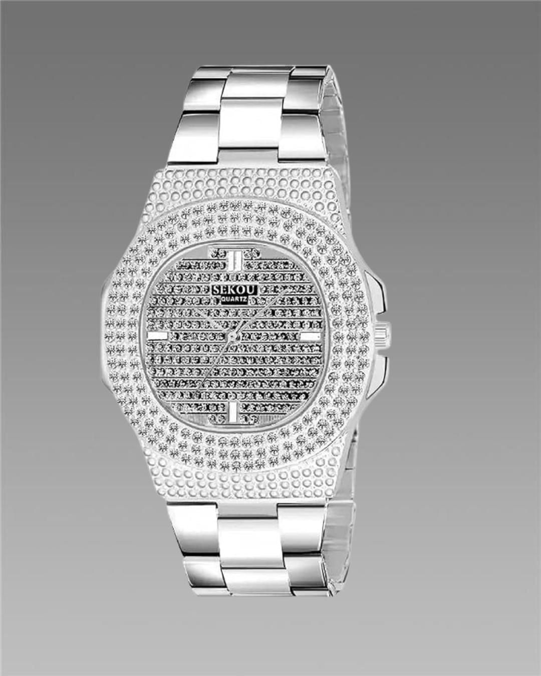 Golden Stone Studded Diamond Wrist Watch For Boys & Men